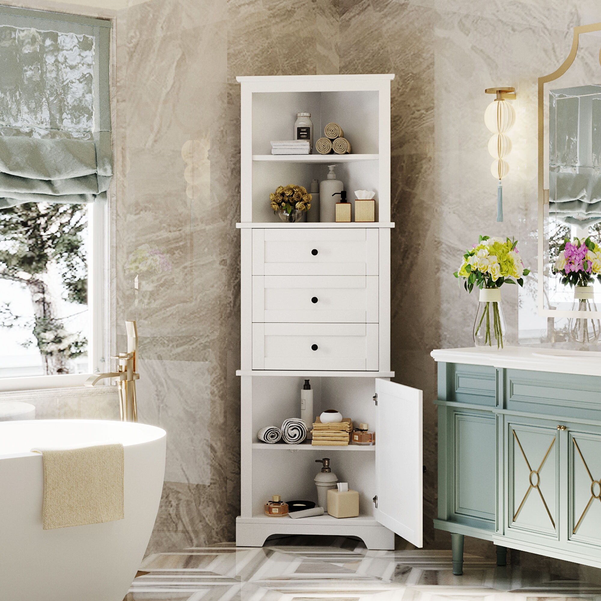 Tall corner new arrivals linen cabinet