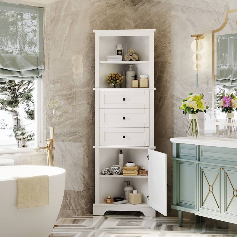 Triangle Tall Cabinet with 3 Drawers and Adjustable Shelves, MDF Board with Painted Finish
