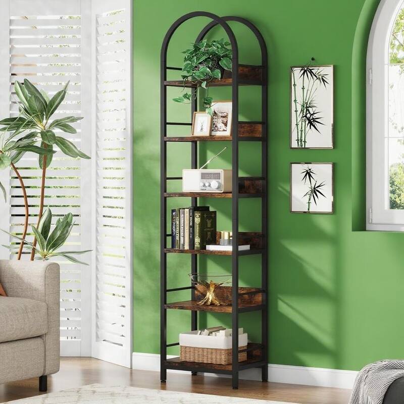 Rustic Brown Particleboard Metal 6 Tier Arched Corner Bookshelf - 17.32" L x 11.81" W x 78.74" H