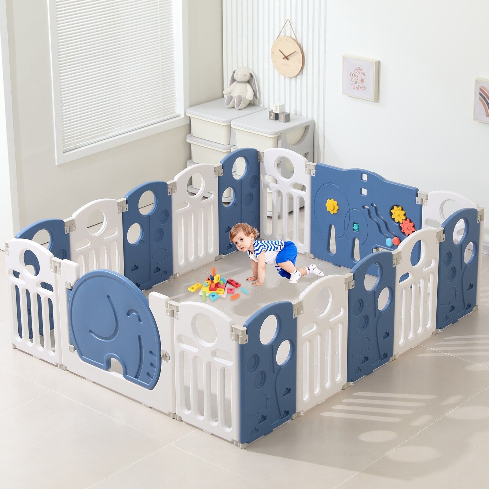 YUKOOL Foldable Baby Playpen Portable Educational and Safe Play Yard 18 Panels Blue White N A Bed Bath Beyond 39722427