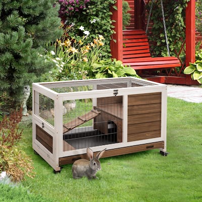 Brown Fir Wood Bunny Hutch with Run Ramp Wheels and Removable Tray for 1-2 Small Pets - 35.5" L x 20.75" W x 23.25" H