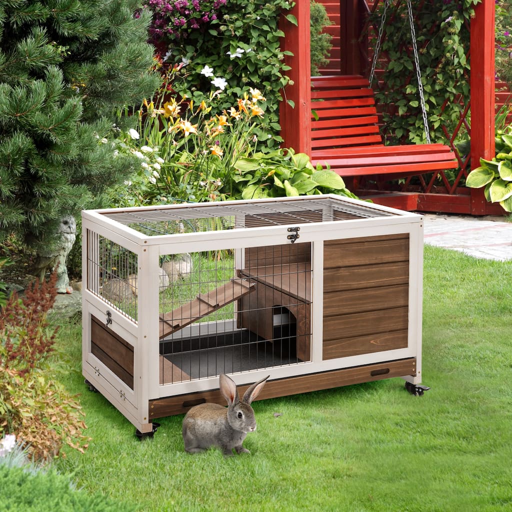 Brown Fir Wood Bunny Hutch with Run Ramp Wheels and Removable Tray for 1-2 Small Pets - 35.5" L x 20.75" W x 23.25" H