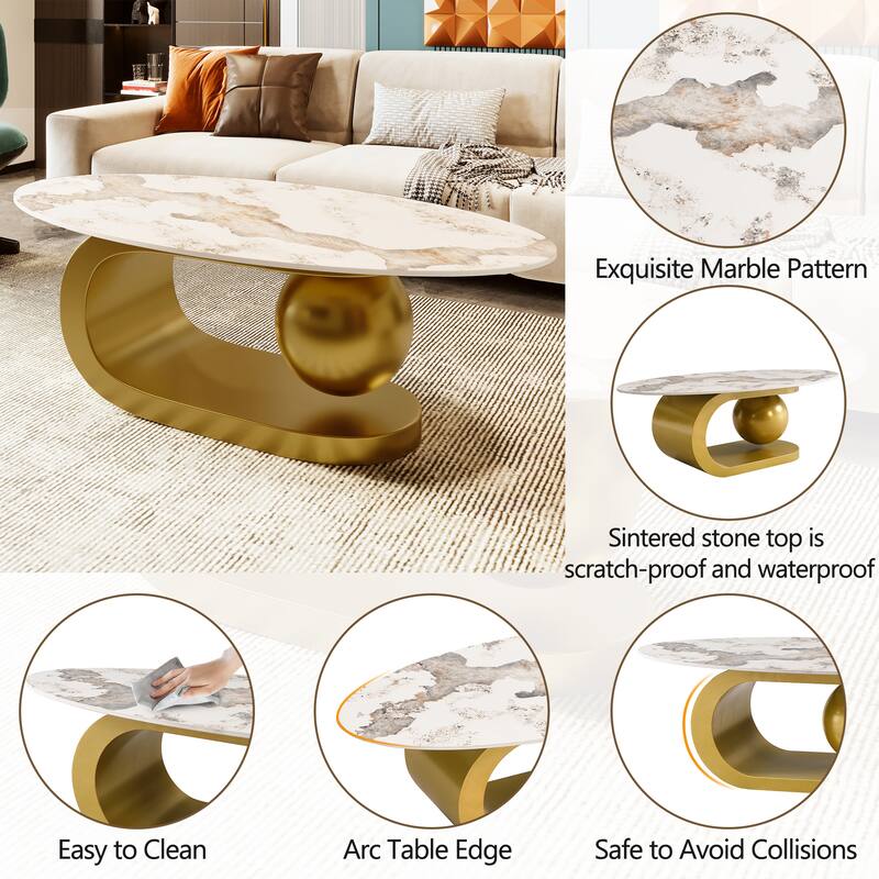 Roomfitters Modern Oval Coffee Table, Marble Pattern Sintered Stone Center Table, Luxury Living Room Accent Table Gold
