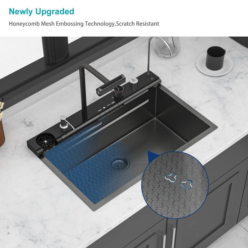 30" Drop-In 16 Gauge Single Bowl Stainless Steel Smart Digital Kitchen Sink with Faucet in Gunmetal Black - 30'' x 19'' x 9''