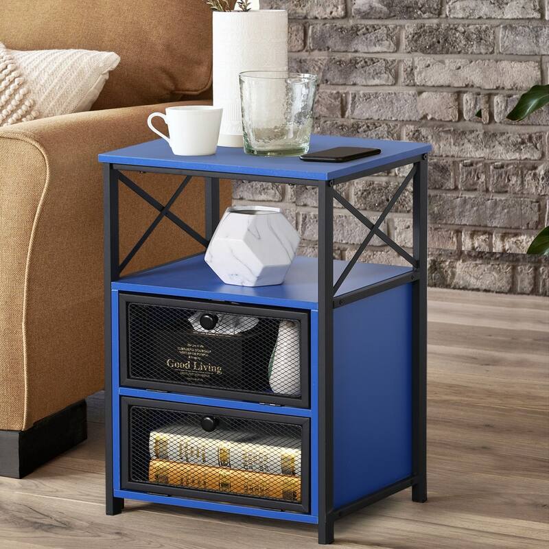 VECELO Modern End Table with 3-tier Storage Shelves, Nightstands with Charging Station(Nightstand Set of 2)