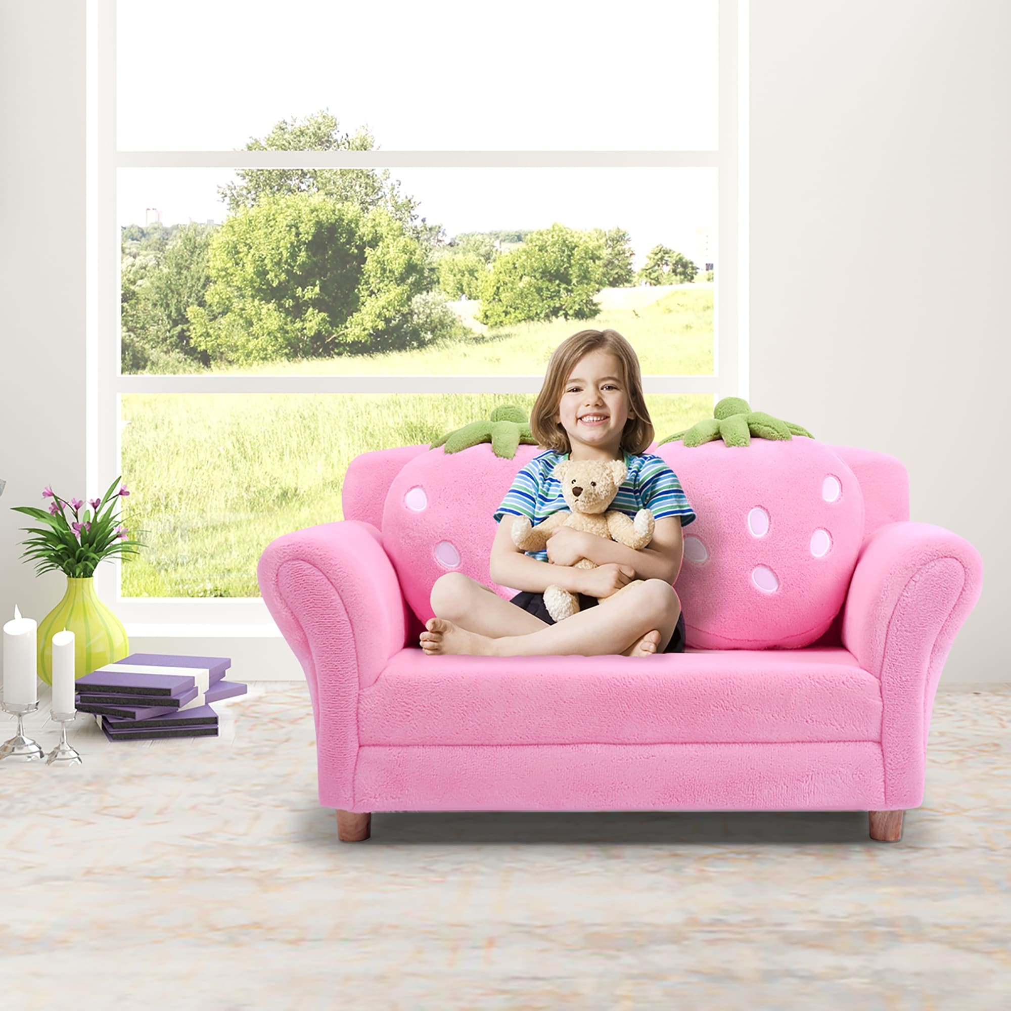 Kids Sofa Children Couch Armrest Chair with Strawberry Pillows