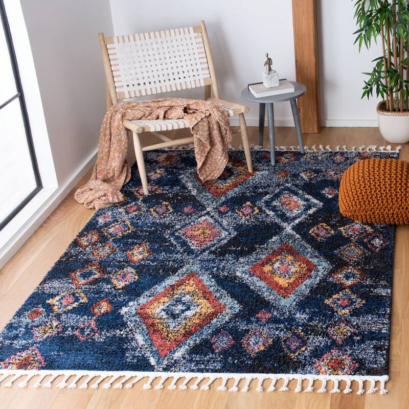 SAFAVIEH Morocco Bohemian & Eclectic Manilla Tribal Navy/Multi Polyester Rug - 4' x 6' - Navy/Multi