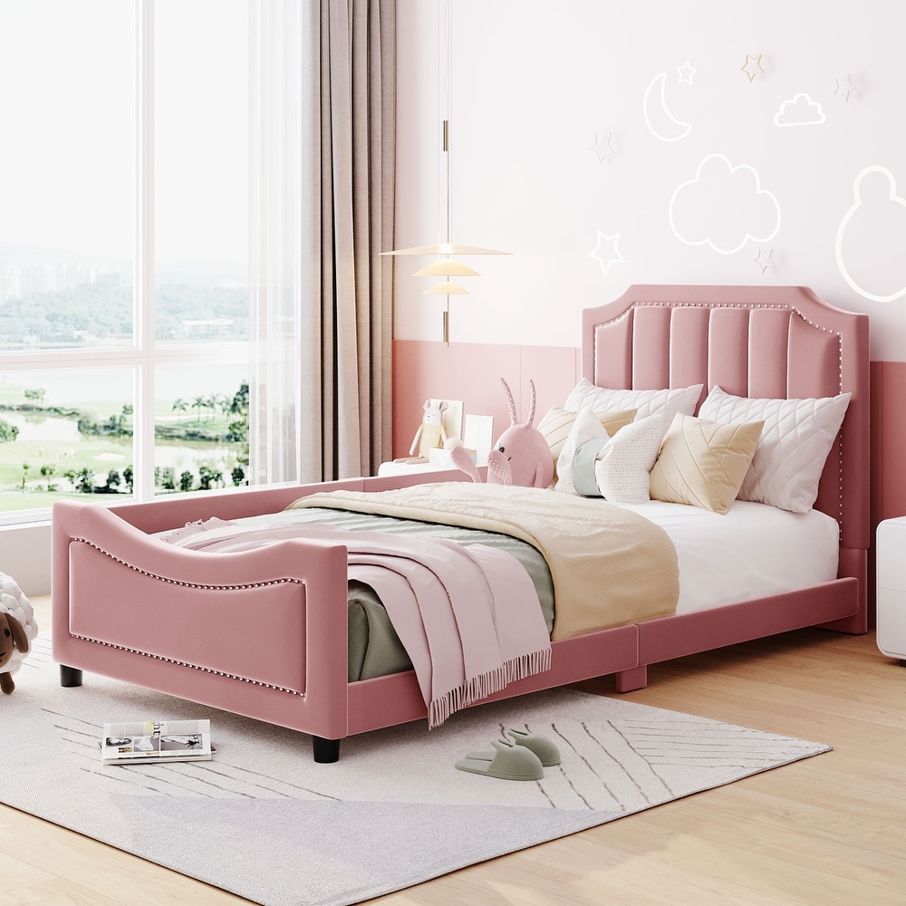 Pink Roof Wooden Twin Size House Bed with Trundle Kids Princess