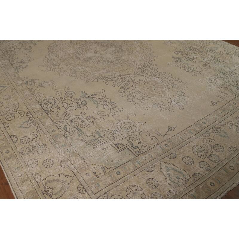 Tabriz Persian Vintage Area Rug Handmade Traditional Beige Wool Carpet - 9'6"x 12'10"