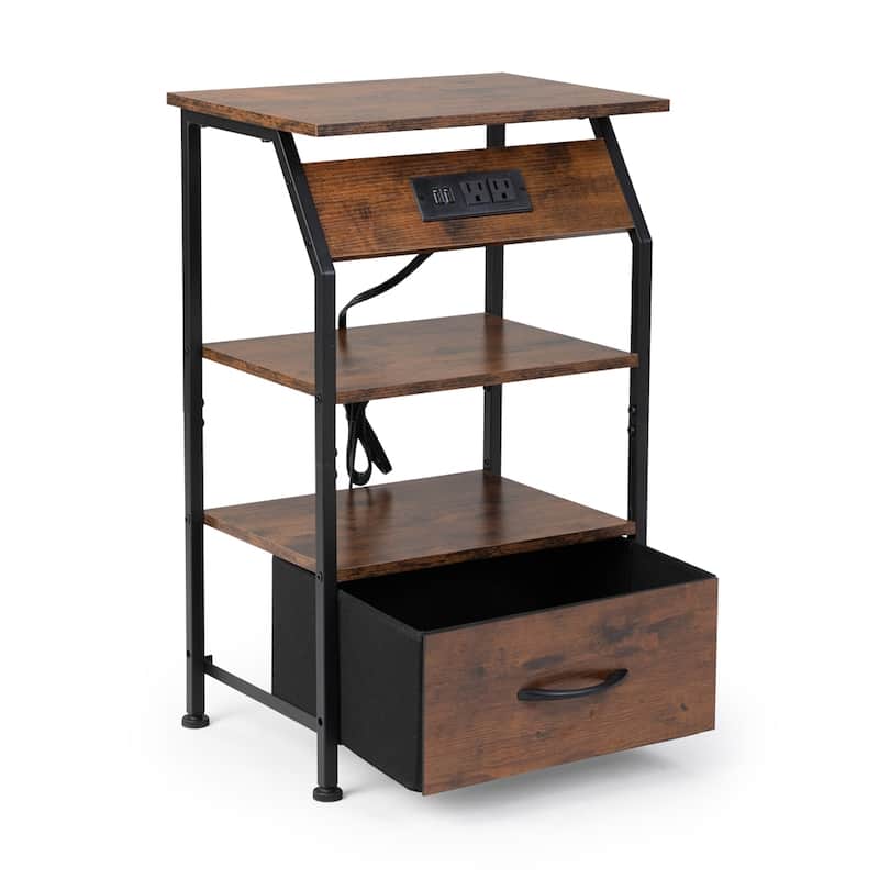 Wood Nightstand with Charging Station,Drawer and Shelf (Set of 2)