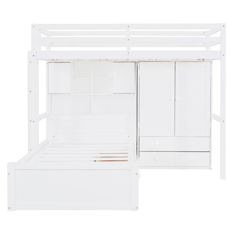 Twin Bunk Bed w/ Drawers, Wardrobe, Storage Shelves and Hydraulic Bed