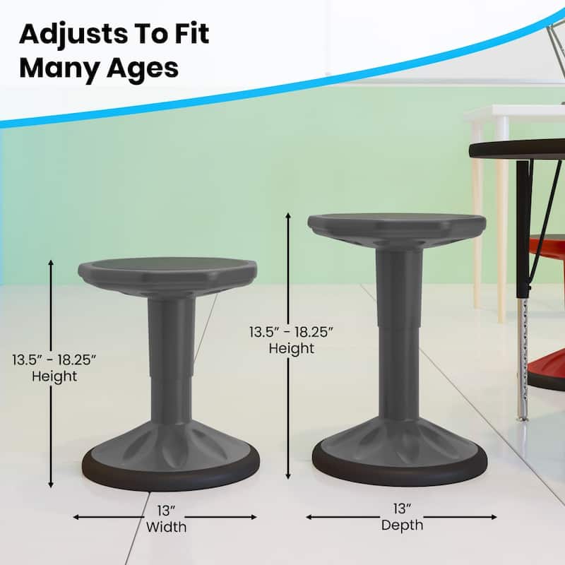 Kids Adjustable Height Active Learning Stool for Classroom and Home - 13"D x 13"W x 13.5" - 18.25"H