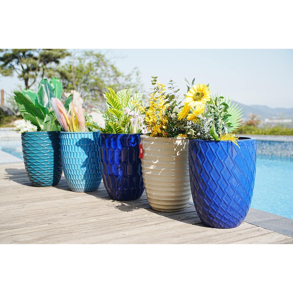 Dark Blue Striped Ceramic Planter 16.5 Inch Customizable Outdoor Indoor Flower Pot with Drainage