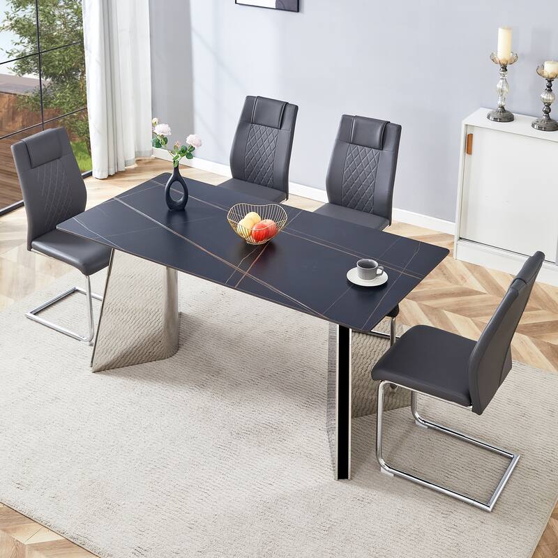 Roomfitters 5pcs Marble Pattern Dining Table Set with Stainless Butterfly Legs and PU Upholstered Chairs
