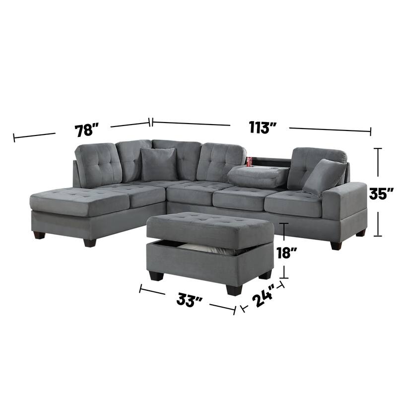 3 Piece Plush Microfiber Sectional with Ottoman