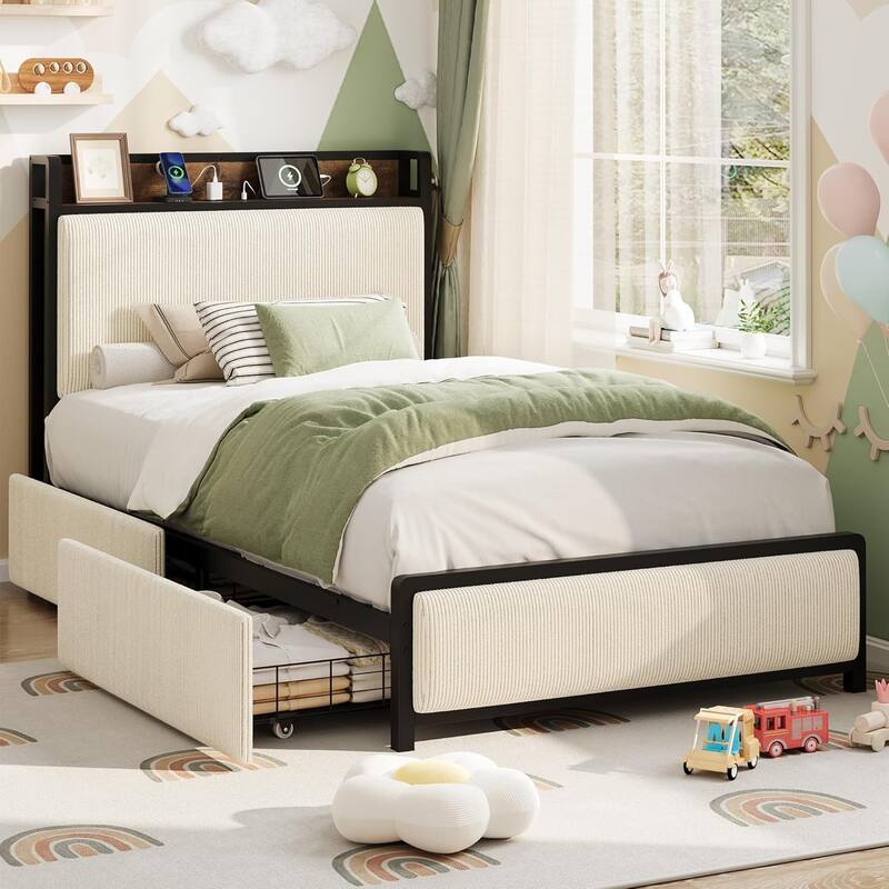 Velvet Upholstered Platform Bed with 2 Drawers, Charging Station & Storage Headboard, Rustic Style - Twin - Beige