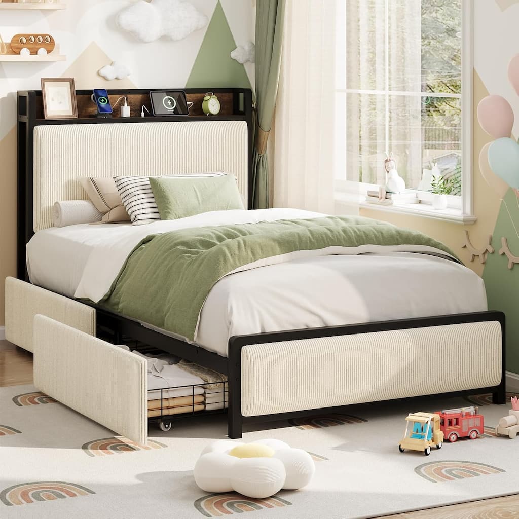 Velvet Upholstered Platform Bed with 2 Drawers, Charging Station & Storage Headboard, Rustic Style