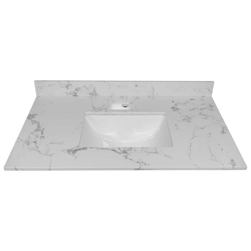 31 in./ 37 in./ 43 in. Carrara White Engineered Stone Bathroom Vanity Top with Ceramic Sink - 37" X 22"
