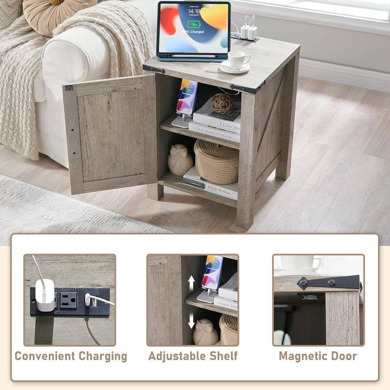 Farmhouse Nightstand Set of 2 with Charging Station, Rustic End Table
