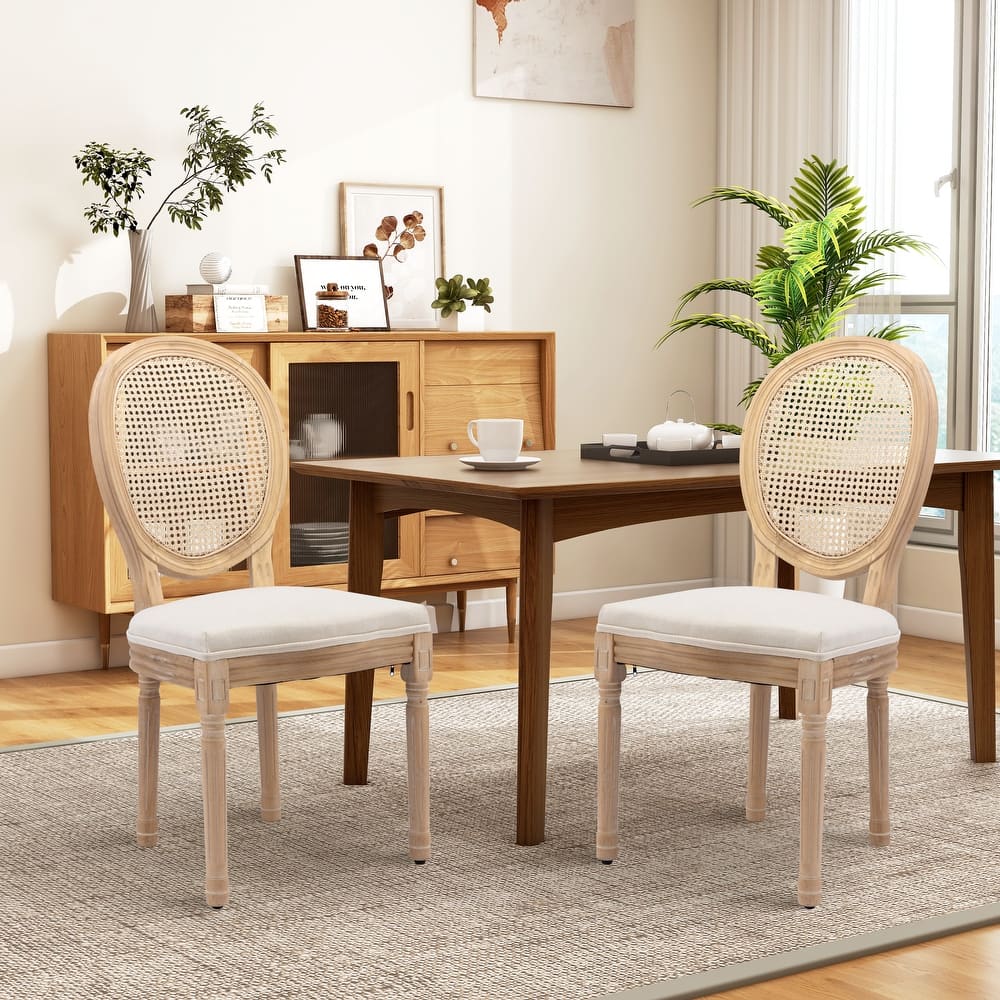 French Country Solid Wood Fabric Dining Chair Set of 2