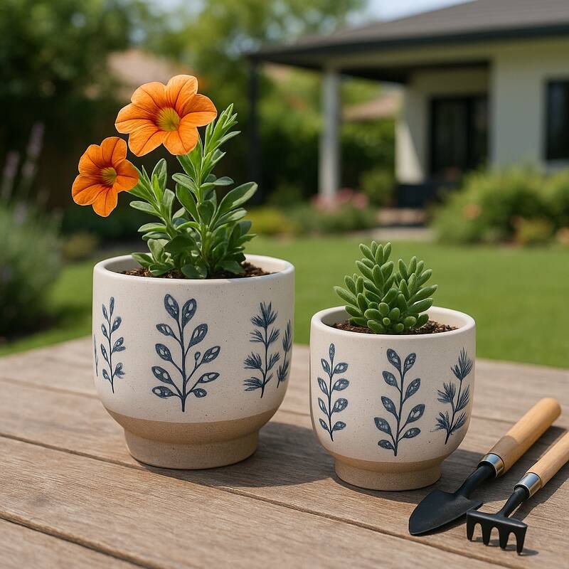 Stoneware Planters Botanical Detailing and Textured Design (Set of 2)