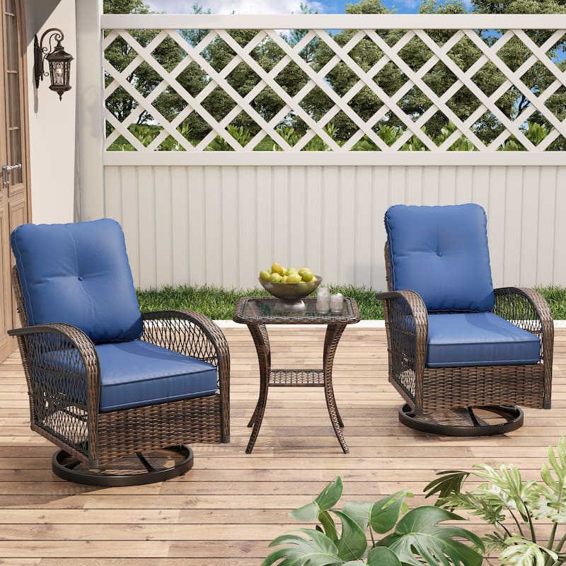 Outdoor Swivel Rocker Bistro Set - 3 Piece Wicker Patio Set with Swivel Rocking Chairs, Cushions, and Tempered Glass Side Table