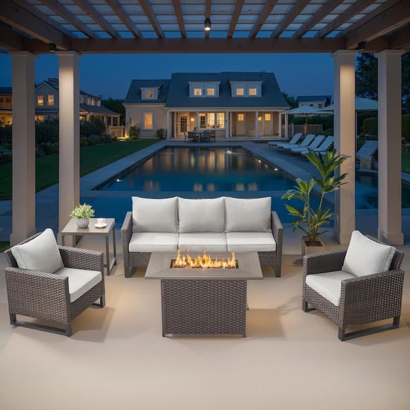 Outdoor Sofa Chairs with Fire Table - Beige cushion - Brown - Beige - Brown