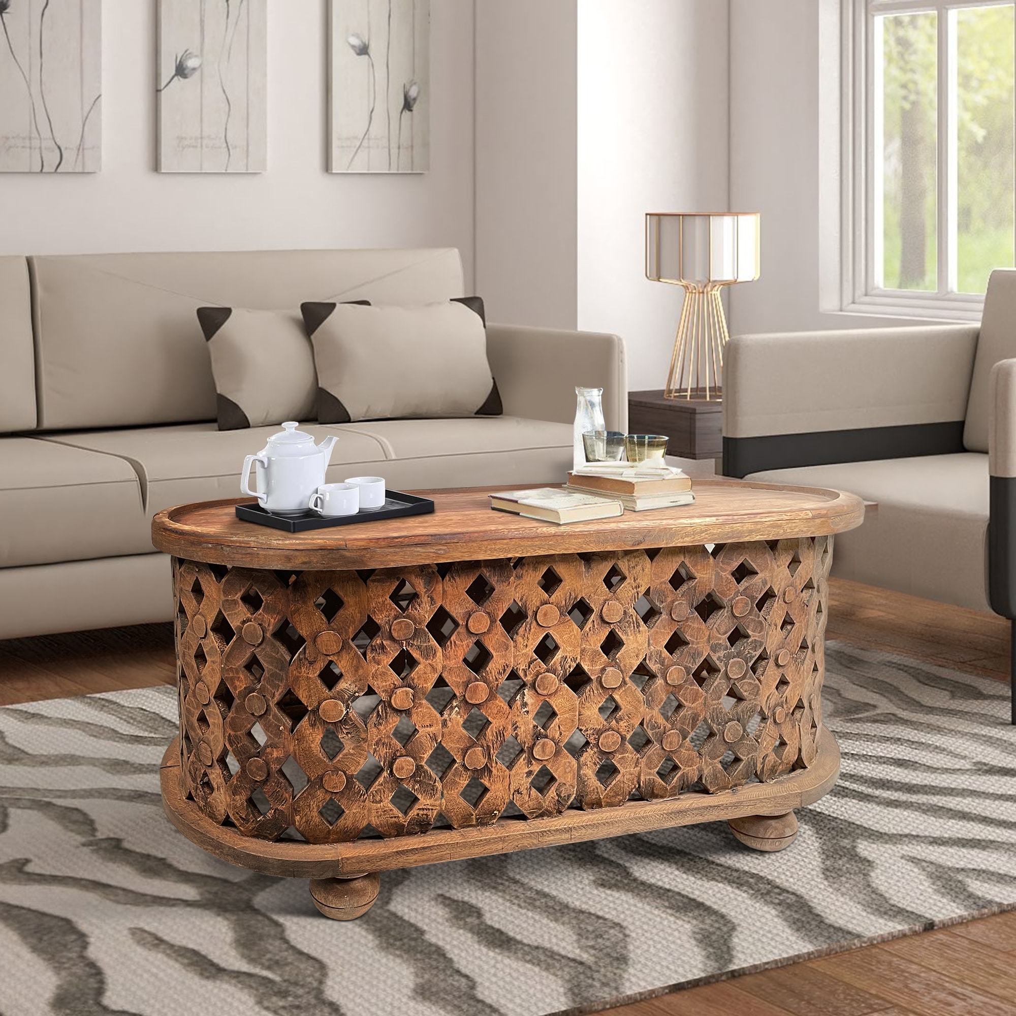 Round lattice carved online wood coffee table