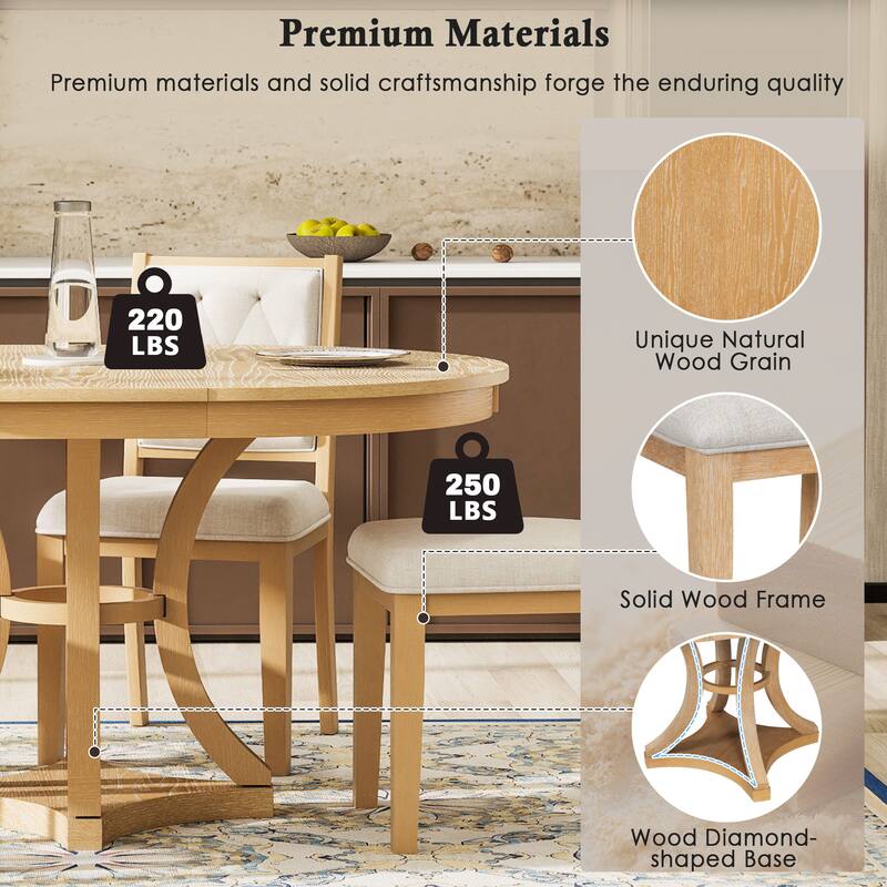 Natural Round Table & 4 Chairs Set with Upholstered Chairs, 5-Piece Retro Dining Set with Extendable Round Table
