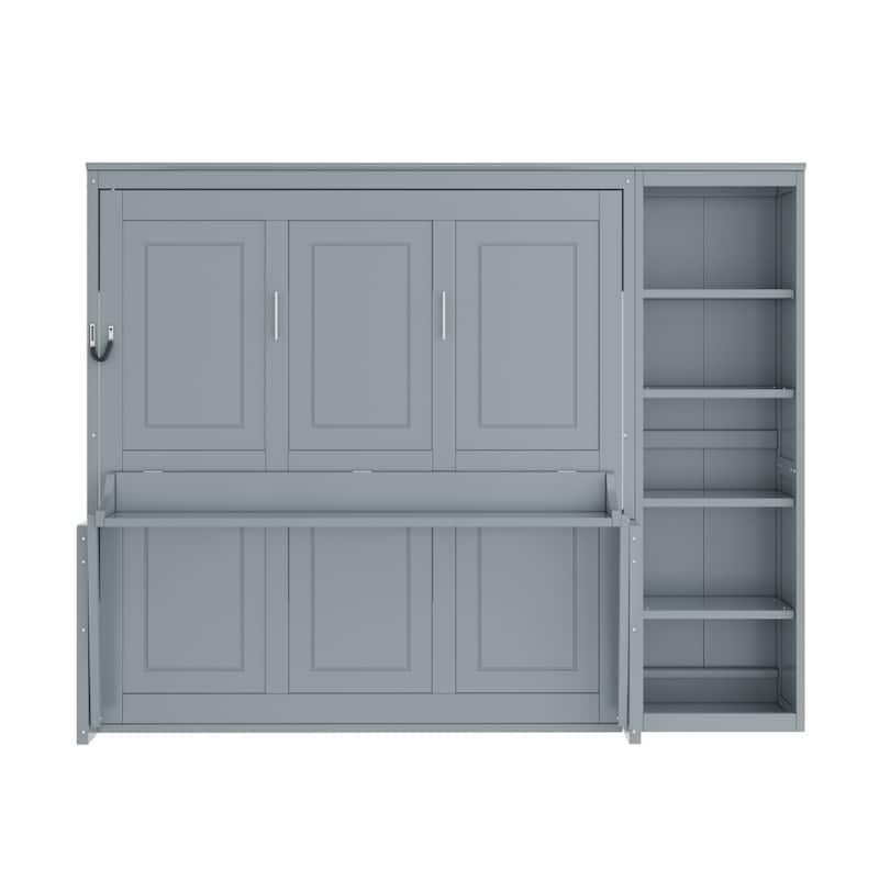 Queen/Full Size Wood Murphy Bed Foldable Wall Bed with Desk and Bookshelf