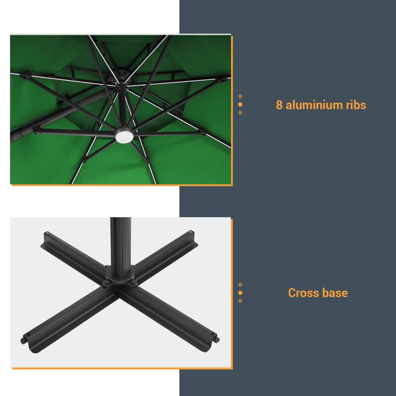 LIVOOSUN 11Ft LED Patio Hanging Octagon Cantilever Umbrella with 360-degree Rotating Canopy
