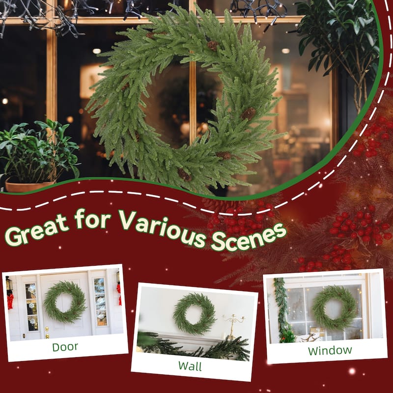 HOMCOM 24in Xmas Wreath: Pine Cones, 88 Branches, Artificial Norfolk Pine, Indoor Decor