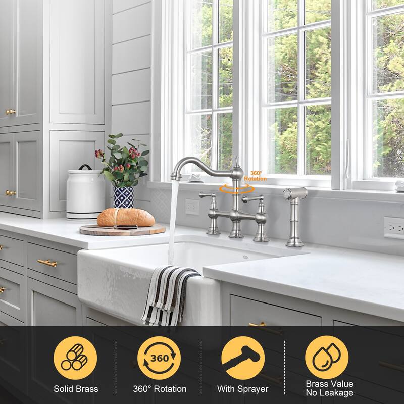 WOWOW Double Handle Bridge Kitchen Faucet with Side Sprayer