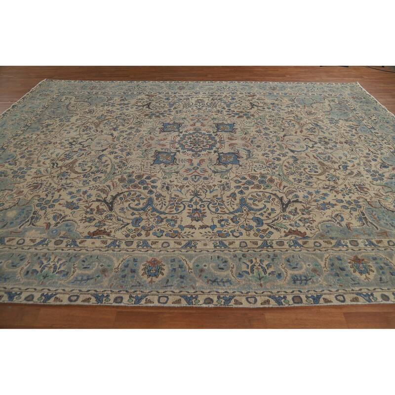 Floral Medallion Tabriz Persian Area Rug Beige Handmade Wool Carpet - 9'7"x 12'9"