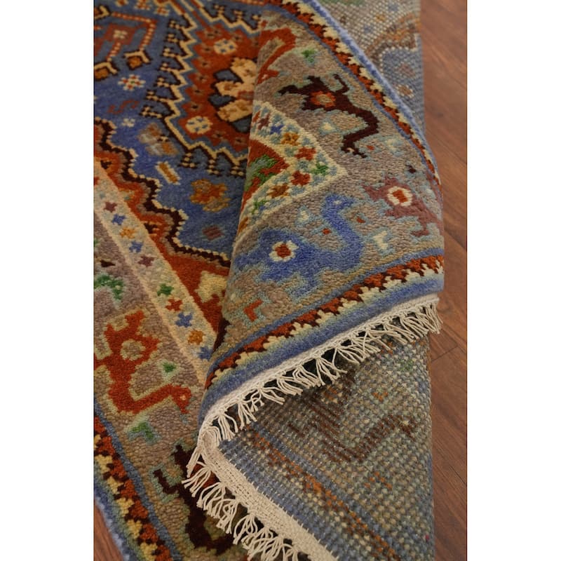 Hand-knotted Traditional Wool Blue Geometric Area Rug Oriental Carpet - 8' 1'' X 2' 7''