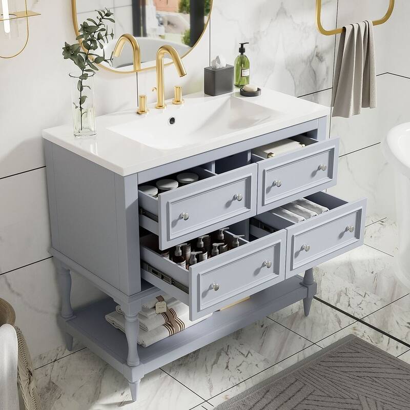 35'' Wall Mounted Bathroom Mirror Cabinet with Adjustable Shelves and Open Storage