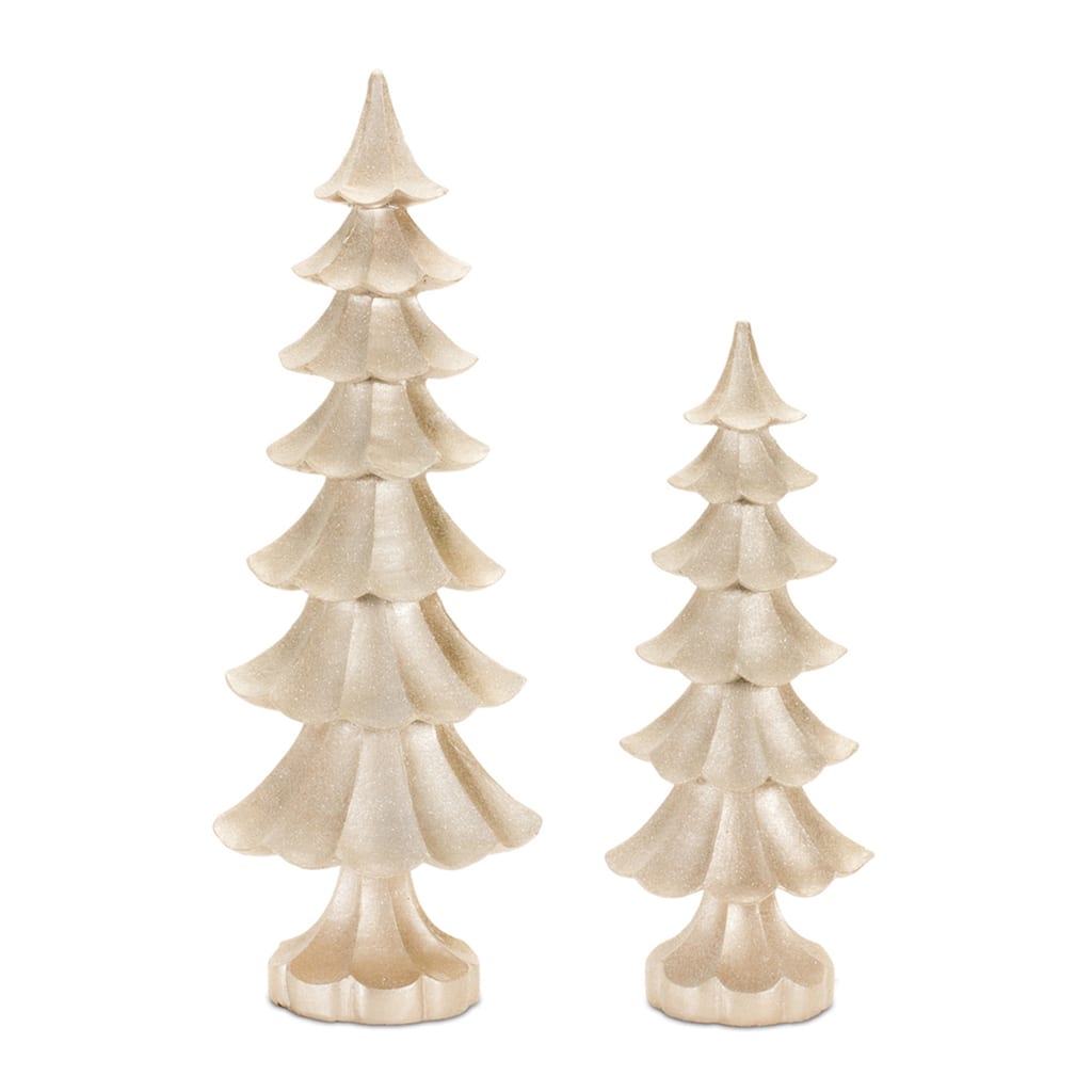 Set of 2 Resin Pine Trees for Shelf or Mantle Holiday Decor - 5.25” x 4” x 14.5”