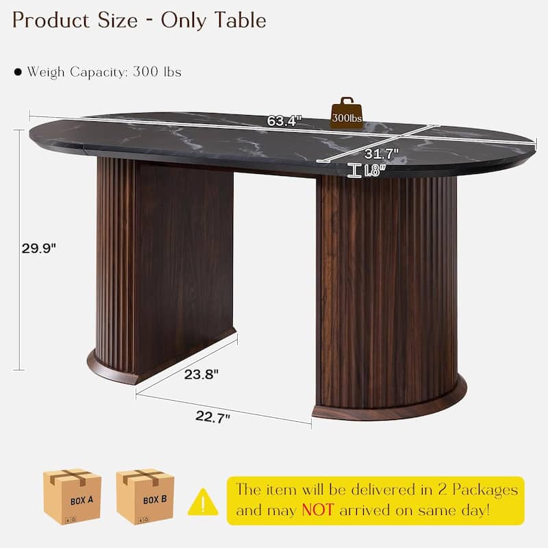 Modern 63" Fluted Oval Dining Table, Thick Edge Semicylindrical Base - N/A