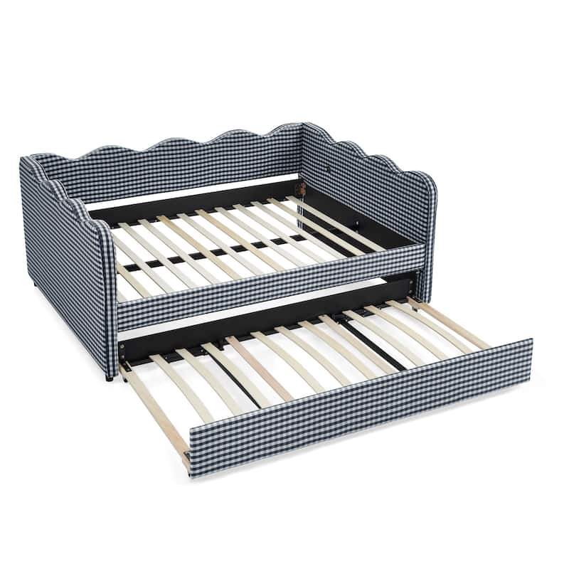 Full Size Gingham Daybed with Twin Trundle, USB Port, Wave Shaped Design & Linen Fabric - No Box Spring Needed
