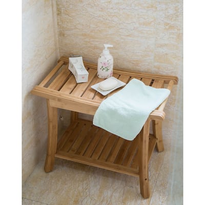 Kinbor Bamboo Shower Bench Stool Spa Bath Seat, Shower Chair, Shoe Organizer w/ Storage Shelf