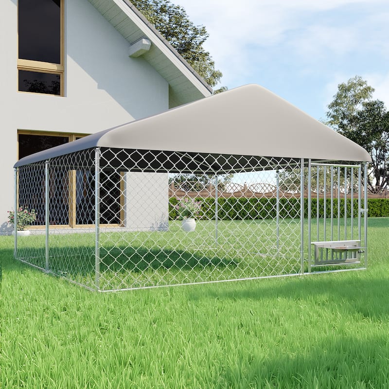 EROMMY Outdoor Dog Kennel, Heavy Duty Large Dog Kennels with Waterproof Cover and Rotating Feeding Door