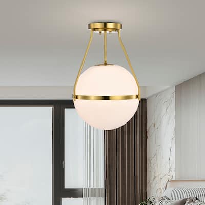 Brass Contemporary Semi-Flushmount Ceiling Lamp Metal with Frosted Globe