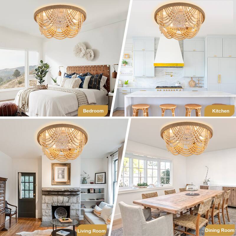 Cusp Barn 20" Boho Caged Ceiling Fan with Light and Remote, Flush Mount Low Profile Fandelier, Famhouse Wood Beaded Ceiling Fan