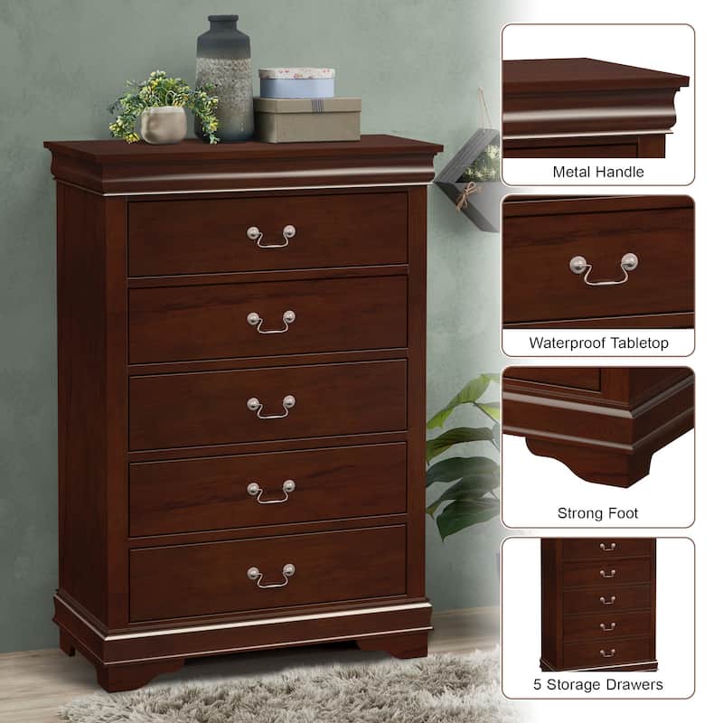 48" Tall Modern Dark Cherry Solid Wood 5-drawer Storage Chest