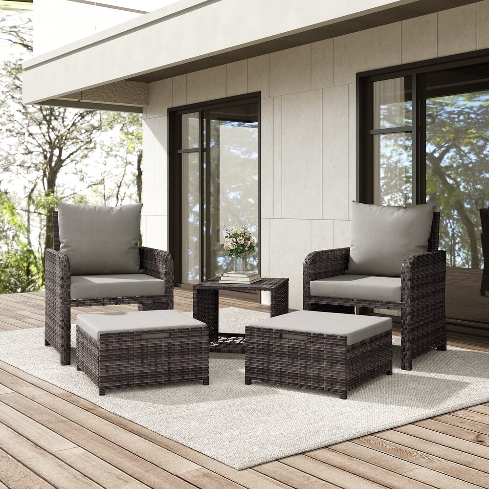 5-Piece PE Rattan Outdoor Patio Set with 2 Chairs, 2 Ottomans, Coffee Table