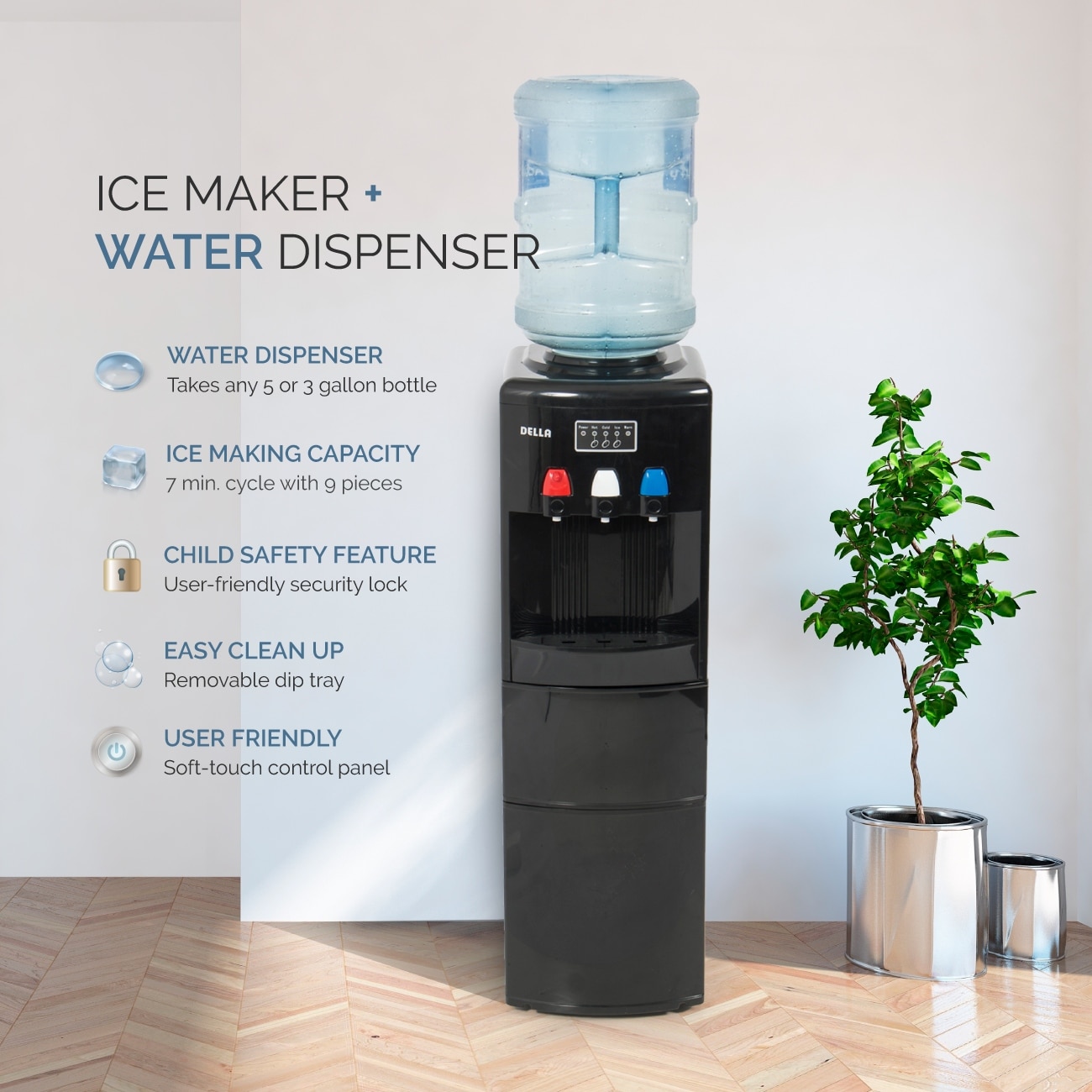 27LBS/24H Ice Maker Machine with Child Safety Lock KUPPET 2-in-1 Water Cooler Dispenser with Built-in Ice Maker Black Electric Hot Cold Water Cooler 