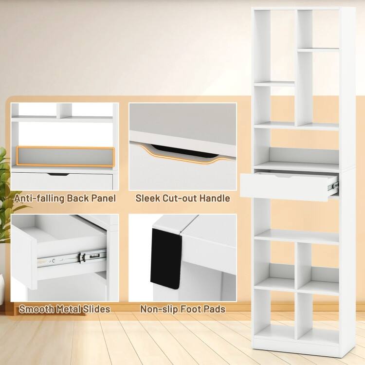 7 Tier White Engineered Wood 10-Cube Bookcase with Drawer and Anti-Tip Safety - 19.5" x 9.5" x 71"