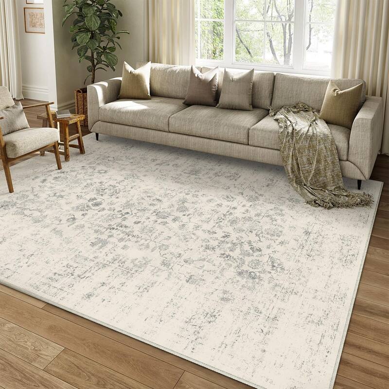 Light Grey Machine Washable Area Rug Retro Floral Vintage Low Pile Carpet - 8' x 10' (Rectangular)