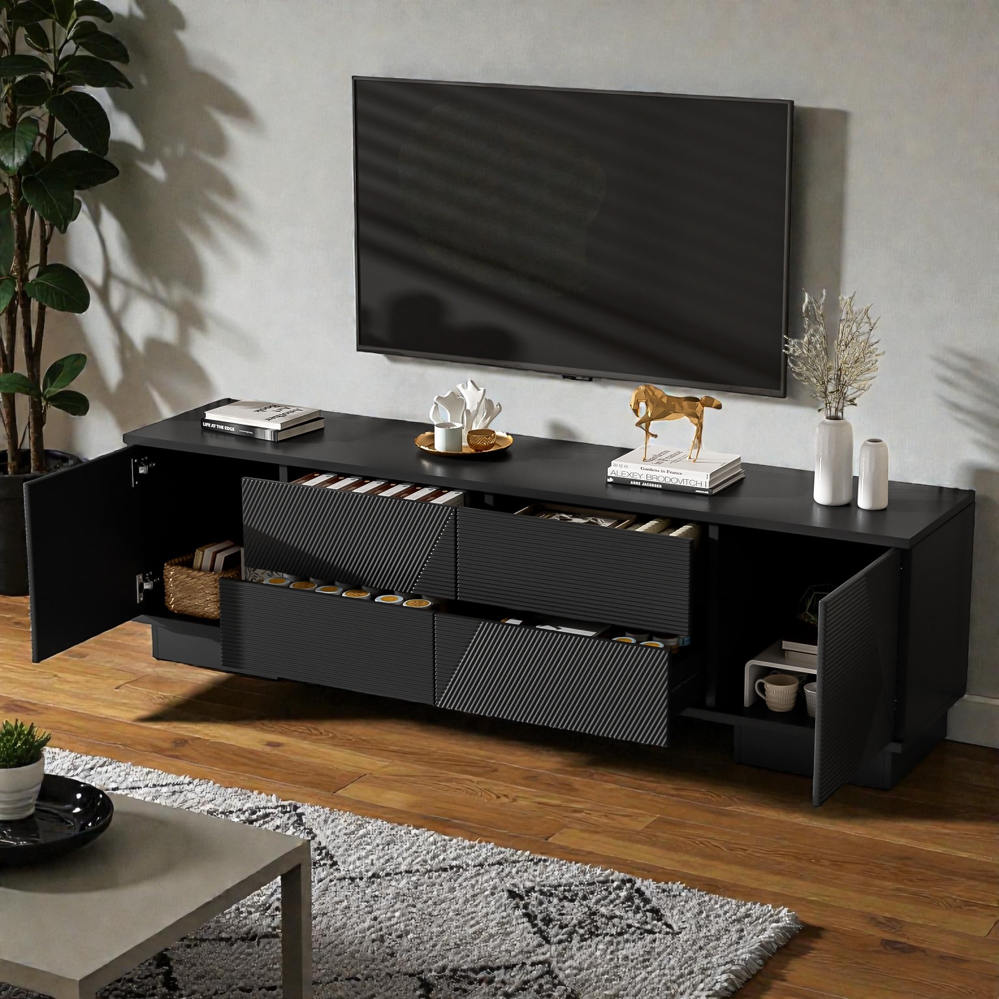 70.8-Inch TV Stand with Storage, Media Console with 2 Cabinets, 4 Drawers and Cable Management, Storage Cabinets