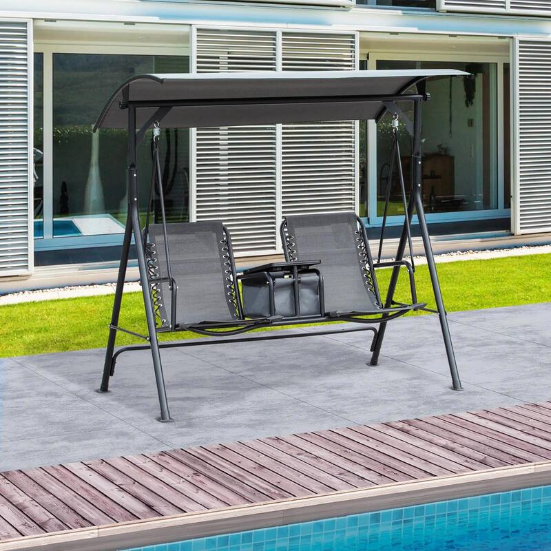 2-Seater Porch Swing with Pivot Table, Cup Holder, Adjustable Canopy